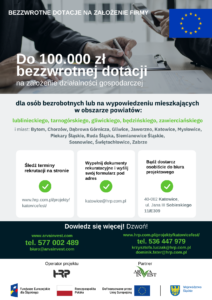 Plakat z napisem do 100 000 zł bezzwrotnej dotacji