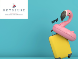 Grafika przedstawiająca walizkę, okulary i materac oraz logo serwisu Odyseusz