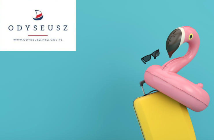 Grafika przedstawiająca walizkę, okulary i materac oraz logo serwisu Odyseusz